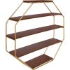 imageKate and Laurel Lintz Large Octagon Shaped Floating Wood Book Shelves for Decorative Wall Storage Gold Metal Frame with Walnut Brown Finished ShelvesWalnut Brown