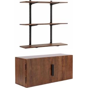 imageKate and Laurel Atwood Modern Mango Wood TwoDoor Wall Cabinet and Shelf Set Walnut Brown Decorative Storage Cabinet with Tiered Wall Shelves for Use as Cohesive Bar Storage Unit