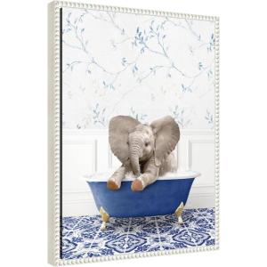 imageKate and Laurel Baby Elephant No6 in Eclectic Blue Bath Framed Canvas Wall Art by Amy Peterson 18 x 24 Sylvie Beaded White Whimsical Animals Art for Wall Decor Living Room Bedroom