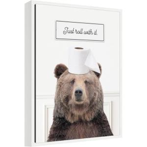 imageKate and Laurel Bear Just Roll with It Bathroom Framed Canvas Wall Art by Amy Peterson 18 x 24 Sylvie White Whimsical Humor Animals Bathroom Art for Wall Decor Living Room Bedroom