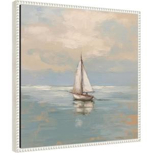 imageKate and Laurel Calm Pastel Sailboat Landscape Framed Canvas Wall Art by The Creative Bunch Studio 22 x 22 Sylvie Beaded White Coastal Beach Landscapes Art for Wall Decor Living Room BedroomBeaded White