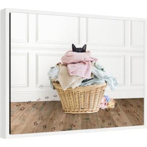 imageKate and Laurel Cat in a Basket Traditional Laundry Framed Canvas Wall Art by Amy Peterson 24 x 18 Sylvie White Whimsical Animals Laundry Art for Wall Decor Living Room Bedroom