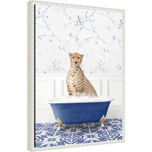 imageKate and Laurel Cheetah in Eclectic Blue Bath Framed Canvas Wall Art by Amy Peterson 18 x 24 Sylvie Beaded White Whimsical Animals Bathroom Art for Wall Decor Living Room Bedroom