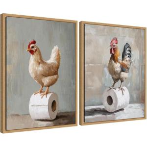 imageKate and Laurel Chicken and Rooster Bathroom Art Set of 2 18x24 Framed Canvas Wall Art Set by The Creative Bunch Studio Sylvie Natural Whimsical Animals Humor Bathroom Animals Bathroom Art