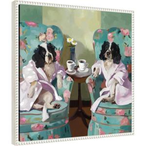 imageKate and Laurel Coffee Hour Framed Canvas Wall Art by Mary Sparrow 22 x 22 Sylvie Beaded White Whimsical Animals Humor Art for Wall Decor Living Room Bedroom