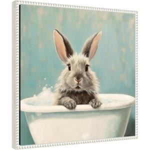 imageKate and Laurel Country Bunny White Bathtub Framed Canvas Wall Art by The Creative Bunch Studio 22 x 22 Sylvie Beaded White Whimsical Animals Bathroom Art for Wall Decor Living Room Bedroom
