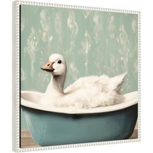 imageKate and Laurel Country Goose in Light Teal Bathtub Framed Canvas Wall Art by The Creative Bunch Studio 22 x 22 Sylvie Beaded White Whimsical Animals Bathroom Art for Wall Decor Living Room