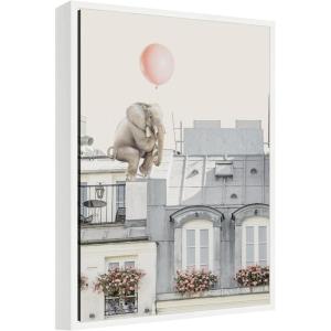 imageKate and Laurel Elephant in Paris Framed Canvas Wall Art by July Art Prints 18 x 24 Sylvie White Whimsical Animals Cityscapes Art for Wall Decor Living Room Bedroom