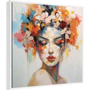 imageKate and Laurel Female Figure Colorful Flowers In Hair Framed Canvas Wall Art by The Creative Bunch Studio 30 x 30 Sylvie White Modern Abstract Flowers People Art for Wall Decor Living Room