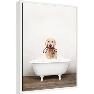 imageKate and Laurel Golden Retriever in Rustic Bath Style Framed Canvas Wall Art by Amy Peterson 18 x 24 Sylvie White Whimsical Animals Bathroom Humor Art for Wall Decor Living Room Bedroom