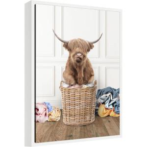 imageKate and Laurel Highland Cow Traditional Laundry Framed Canvas Wall Art by Amy Peterson 18 x 24 Sylvie White Farmhouse Animals Humor Art for Wall Decor Living Room Bedroom