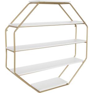 imageKate and Laurel Lintz Large Octagon Shaped Floating Wood Book Shelves for Decorative Wall Storage Gold Metal Frame with Walnut Brown Finished ShelvesWhiteGold