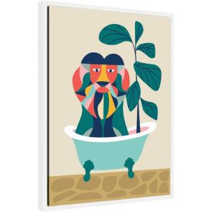 imageKate and Laurel Mid Century Modern Lion in Bathtub Framed Canvas Wall Art by Rachel Lee 18 x 24 Sylvie Natural Mid Century Modern Animals Bathroom Kids Art for Wall Decor Living Room BedroomWhite