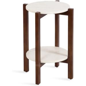 imageKate and Laurel Moxley Transitional Round Side Table 16 x 16 x 22 White Marble and Natural Wood Tiered Pedestal Table with Authentic Marble Tabletops for Bedroom Nightstand or Indoor Plant StandWalnut Brown