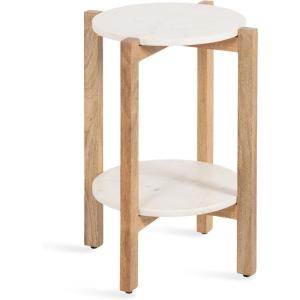 imageKate and Laurel Moxley Transitional Round Side Table 16 x 16 x 22 White Marble and Natural Wood Tiered Pedestal Table with Authentic Marble Tabletops for Bedroom Nightstand or Indoor Plant StandWhiteNatural