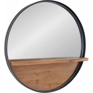 imageKate and Laurel Owing Farmhouse Metal Framed Round Mirror with Wood Shelf 30 inch Diameter Rustic Brown and Black Large Modern Mirror for Wall