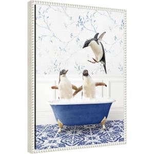 imageKate and Laurel Penguins in Eclectic Blue Bath Framed Canvas Wall Art by Amy Peterson 18 x 24 Sylvie Beaded White Whimsical Animals Bathroom Humor Art for Wall Decor Living Room Bedroom