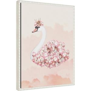 imageKate and Laurel Romantic Floral Swan Framed Canvas Wall Art by July Art Prints 18 x 24 Sylvie Beaded White Whimsical Animals Flowers Nature Art for Wall Decor Living Room Bedroom