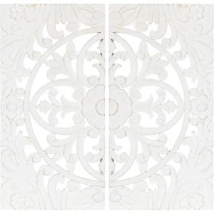 imageKate and Laurel Saanvi Traditional Carved Wood Art Plaque Set 2 pc White Wooden Wall Art with Dimensional HandCarved Design for Bedroom or Living Room Decor