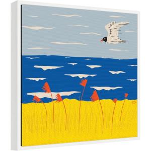 imageKate and Laurel Seaside Scene Framed Canvas Wall Art by Carrie Cantwell 22 x 22 Sylvie White Coastal Beach Nature Animals Art for Wall Decor Living Room Bedroom