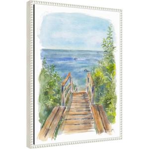 imageKate and Laurel Stariway to Beach Cape Cod Framed Canvas Wall Art by Patricia Shaw 18 x 24 Sylvie Beaded White Coastal Beach Landscapes Nature Art for Wall Decor Living Room Bedroom