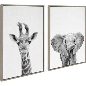 imageKate and Laurel Sylvie Baby Giraffe and Elephant Framed Canvas Wall Art Set by Simon Te of Tai Prints 2 piece 18x24 Natural Modern Nature Animals Art for Wall Home DecorGray