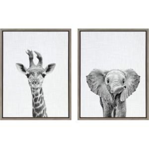 imageKate and Laurel Sylvie Baby Giraffe and Elephant Framed Canvas Wall Art Set by Simon Te of Tai Prints 2 piece 18x24 Natural Modern Nature Animals Art for Wall Home DecorGrey