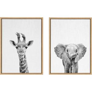 imageKate and Laurel Sylvie Baby Giraffe and Elephant Framed Canvas Wall Art Set by Simon Te of Tai Prints 2 piece 18x24 Natural Modern Nature Animals Art for Wall Home DecorNatural