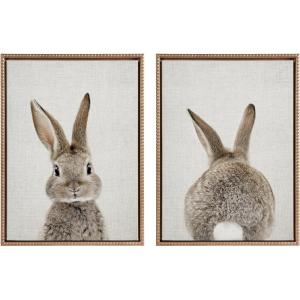 imageKate and Laurel Sylvie Beaded Bunny Portrait on Linen and Bunny Tail on Linen Vintage Framed Canvas Wall Art Set by Amy Peterson 2 Piece Set 18x24 White Cute Animal Art Set for WallGold