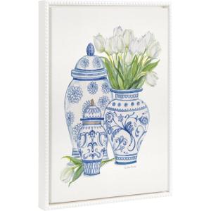 imageKate and Laurel Sylvie Beaded Chinoiserie Jars with White Tulips Vintage Framed Canvas Wall Art by Patricia Shaw 18x24 White Decorative Floral Art for Wall