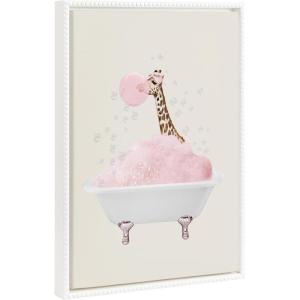 imageKate and Laurel Sylvie Beaded Giraffe Taking a Bath Vintage Framed Canvas Wall Art by July Art Prints 18x24 White Zoo Animal Bath Wall Decor
