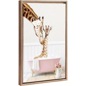 imageKate and Laurel Sylvie Beaded Mother and Baby Giraffe in Cottage Rose Bath Vintage Framed Canvas Wall Art by Amy Peterson 18x24 Gold Modern Cute Animal Bathtub Art for Wall