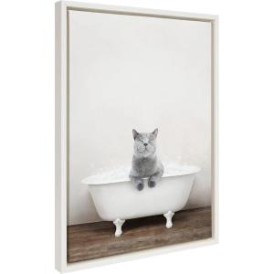 imageKate and Laurel Sylvie Cat in Rustic Bath Framed Canvas Wall Art by Amy Peterson Art Studio 18x24 Gray Modern Fun Decorative Bathtub Wall Art for Home DcorWhite