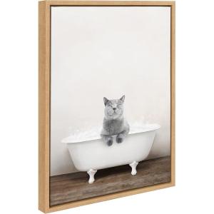 imageKate and Laurel Sylvie Cat in Rustic Bath Framed Canvas Wall Art by Amy Peterson Art Studio 18x24 Gray Modern Fun Decorative Bathtub Wall Art for Home DcorNatural