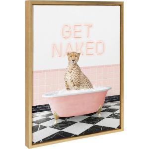 imageKate and Laurel Sylvie Cheetah Get Naked in Retro Pink Bath Framed Canvas Wall Art by Amy Peterson Art Studio 18x24 Bright Gold Cute Animal Bathtub Art for Wall
