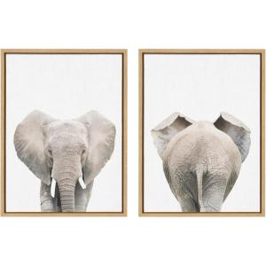 imageKate and Laurel Sylvie Elephant Front and Back Framed Canvas Wall Art Set by Amy Peterson Art Studio 2 Piece 18x24 Natural Decorative Zoo Animal Art for Wall
