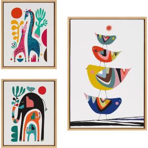imageKate and Laurel Sylvie Family Tree 4 Birds Giraffe Love and Three Elephants Framed Canvas Wall Art Set by Rachel Lee of My Dream Wall 3 Piece Set Natural MidCentury Animal Art for Wall