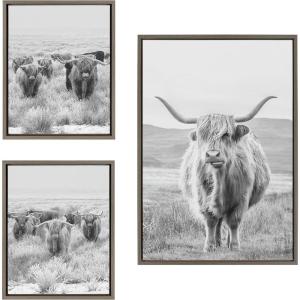 imageKate and Laurel Sylvie Herd of Highland Cows BW Left and Right and Highland Cow Mountain Landscape Framed Canvas Wall Art Set by The Creative Bunch Studio 3 Piece Set Gray Farm Animal Art