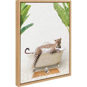 imageKate and Laurel Sylvie Leopard in Bali Bath Framed Canvas Wall Art by Amy Peterson Art Studio 18x24 Natural Cute Animal Bathtub Art for Wall