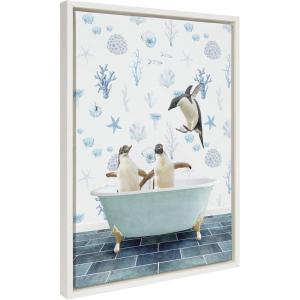 imageKate and Laurel Sylvie Penguins In Under the Sea Bath Framed Canvas Wall Art by Amy Peterson Art Studio 18x24 White Coastal Bathroom Art Wall DcorWhite