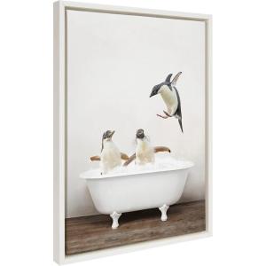 imageKate and Laurel Sylvie Penguins Playing in Rustic Bath Framed Canvas Wall Art by Amy Peterson Art Studio 18x24 Gray Modern Fun Decorative Bathtub Wall Art for Home DcorWhite