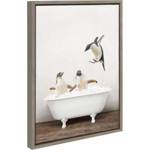 imageKate and Laurel Sylvie Penguins Playing in Rustic Bath Framed Canvas Wall Art by Amy Peterson Art Studio 18x24 Gray Modern Fun Decorative Bathtub Wall Art for Home DcorGray