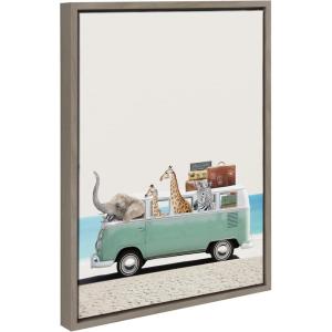 imageKate and Laurel Sylvie Summer Animal Adventures Framed Canvas Wall Art by July Art Prints 18x24 Natural Zoo Animal Beach Van Wall DecorGray