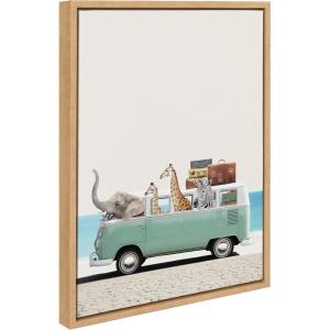 imageKate and Laurel Sylvie Summer Animal Adventures Framed Canvas Wall Art by July Art Prints 18x24 Natural Zoo Animal Beach Van Wall DecorNatural
