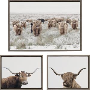 imageKate and Laurel Sylvie Texas Longhorn Highland Cow Portrait Close Crop and Herd of Highland Cows Framed Canvas Wall Art Set by The Creative Bunch Studio 3 Piece Set Gray Farm Animal Art for Wall