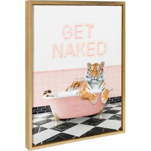 imageKate and Laurel Sylvie Tiger Get Naked Retro Pink Bath Framed Canvas Wall Art by Amy Peterson Art Studio 18x24 Bright Gold Cute Animal Bathtub Art for Wall