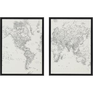 imageKate and Laurel Sylvie Vintage Black and White World Map Framed Linen Canvas Wall Art Set by The Creative Bunch Studio 2 Piece 18x24 Black Retro Map Art for WallBlack