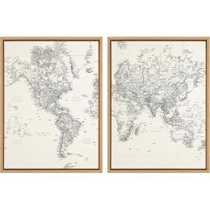 imageKate and Laurel Sylvie Vintage Black and White World Map Framed Linen Canvas Wall Art Set by The Creative Bunch Studio 2 Piece 18x24 Black Retro Map Art for WallNatural
