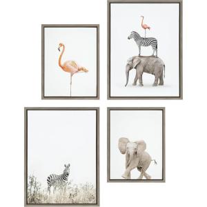 imageKate and Laurel Sylvie Zebra in Tall Grass Flamingo Standing Baby Elephant Walk and Safari Animals Framed Canvas Wall Art Set by Amy Peterson Art Studio 4 Piece Set Gray Simple Animal Art for Wall