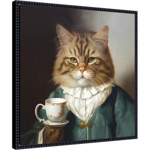 imageKate and Laurel Teacup Cat Framed Canvas Wall Art by The Creative Bunch Studio 22 x 22 Sylvie Beaded Black Whimsical Animals Humor Art for Wall Decor Living Room Bedroom